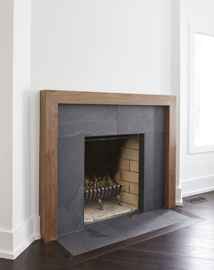 a fireplace in a room with white walls