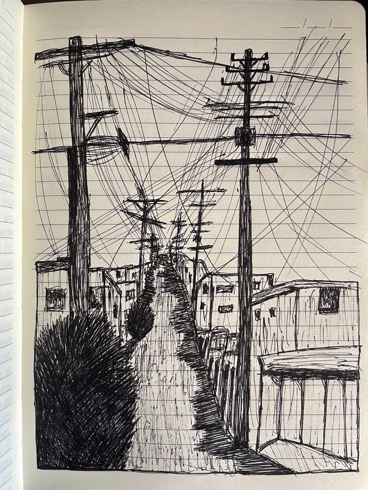 an ink drawing of a street with power lines and telephone poles in the distance on a piece of paper