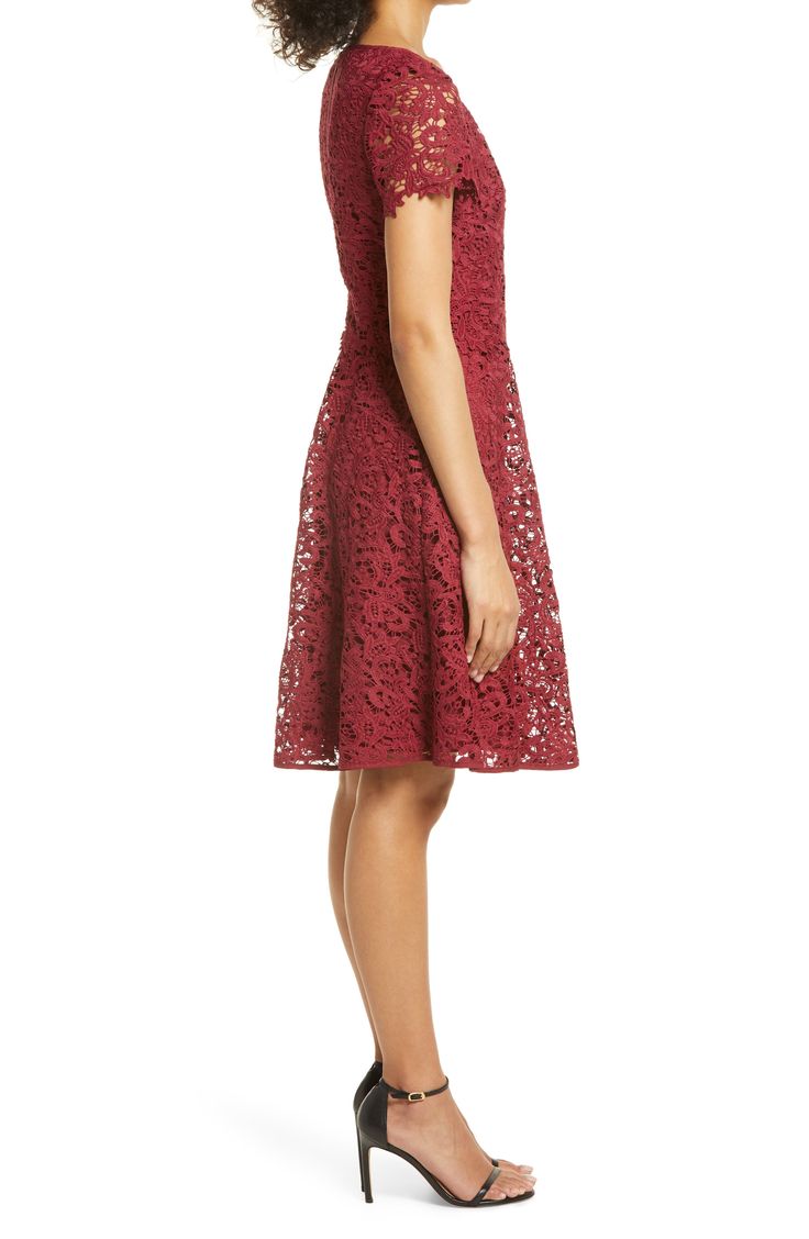 A popover bodice updates a richly embroidered dress in a classic fit-and-flare silhouette that's perfect for parties and events. 38" length Hidden back zip with hook-and-eye closure Jewel neck Short sleeves Lined 100% polyester Dry clean Imported Women's Clothing Popover Dress, Fit And Flare Skirt, Sheer Shorts, Wedding Party Dresses, Nordstrom Dresses, Fit Flare Dress, Flare Skirt, Embroidered Dress, Fit & Flare