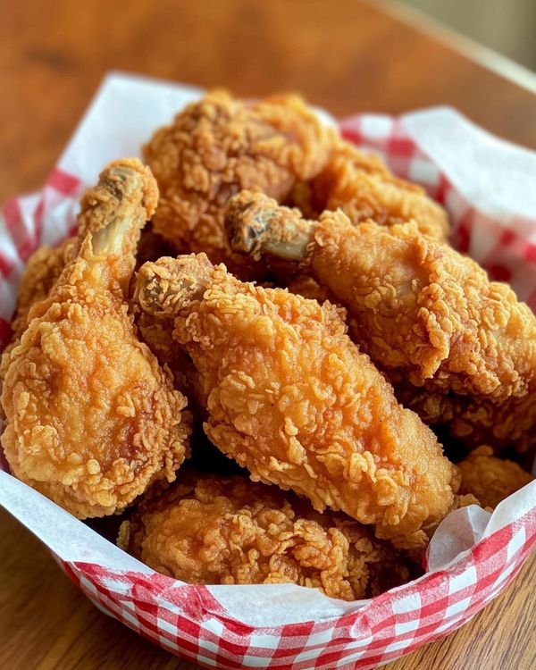 fried chicken in a basket on a wooden table