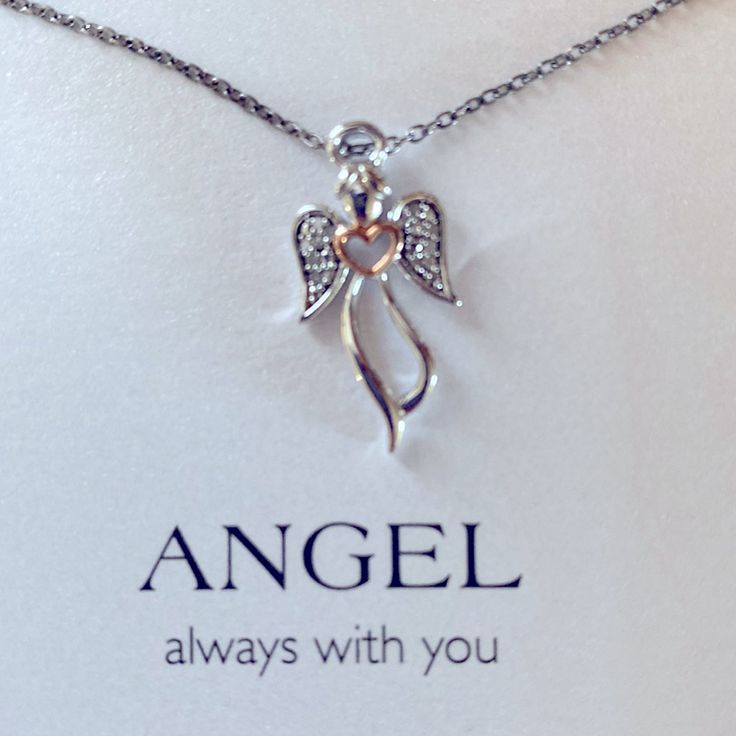 Great Christmas Gift!!! Angel Always With You 14 Carat Gold Plated Sterling Silver Angel Necklace With Genuine Diamond Accents And Rose Gold Heart. 18” Adjustable Chain Brand New In Box! Elegant Silver Charm Necklaces For Christmas, Nickel-free Silver Necklace For Christmas, Silver Jewelry Christmas Gift For Her, Nickel-free Silver Necklaces For Christmas, Silver Necklace For Christmas Gift For Her, Silver Christmas Pendant Necklace, Personalized Silver Charm Necklaces For Christmas, Personalized Silver Charm Necklace For Christmas, Sterling Silver Necklace Gift For Her