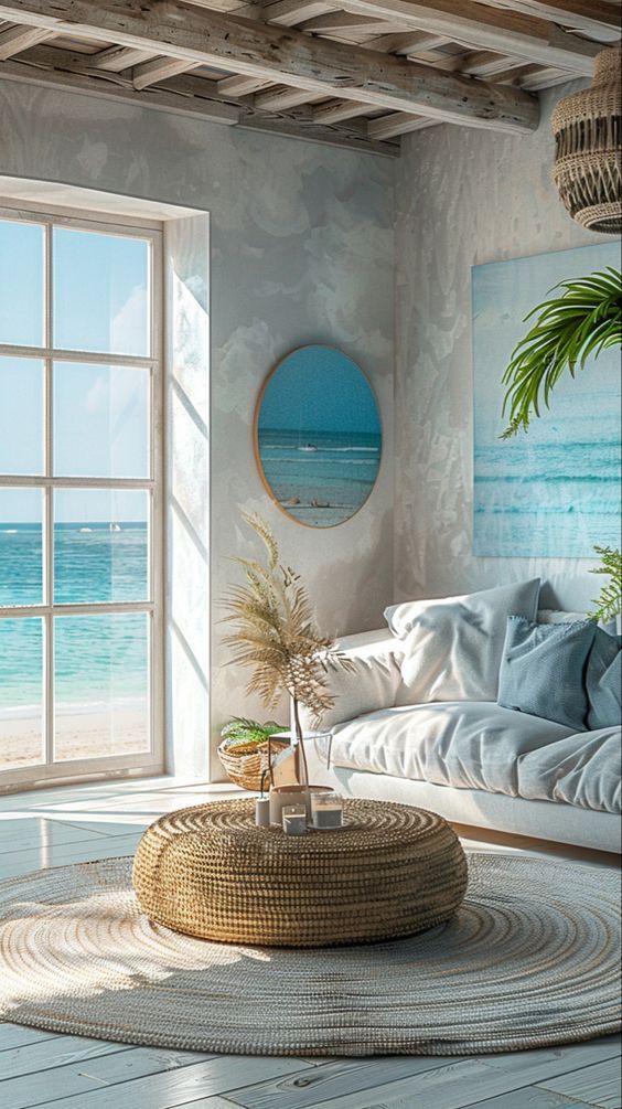 a living room with an ocean view and wicker coffee table in front of the window