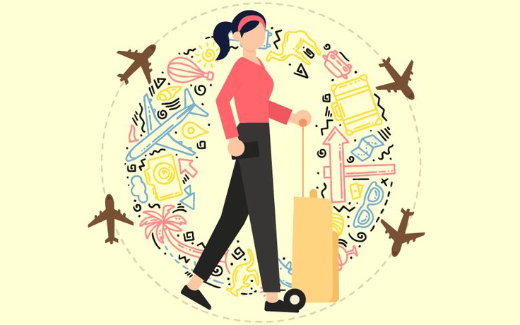 a woman is walking with her luggage in front of an airplane pattern on the wall