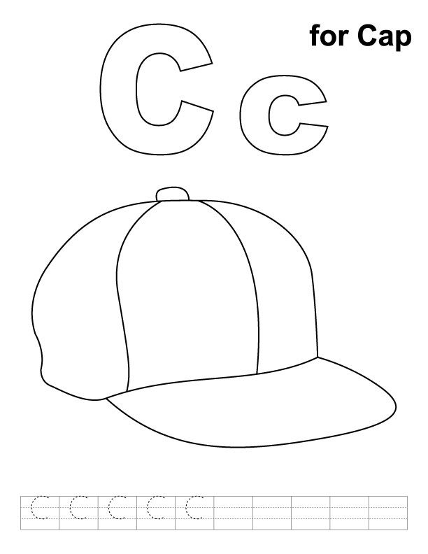 the letter c is for cap worksheet with an image of a baseball cap