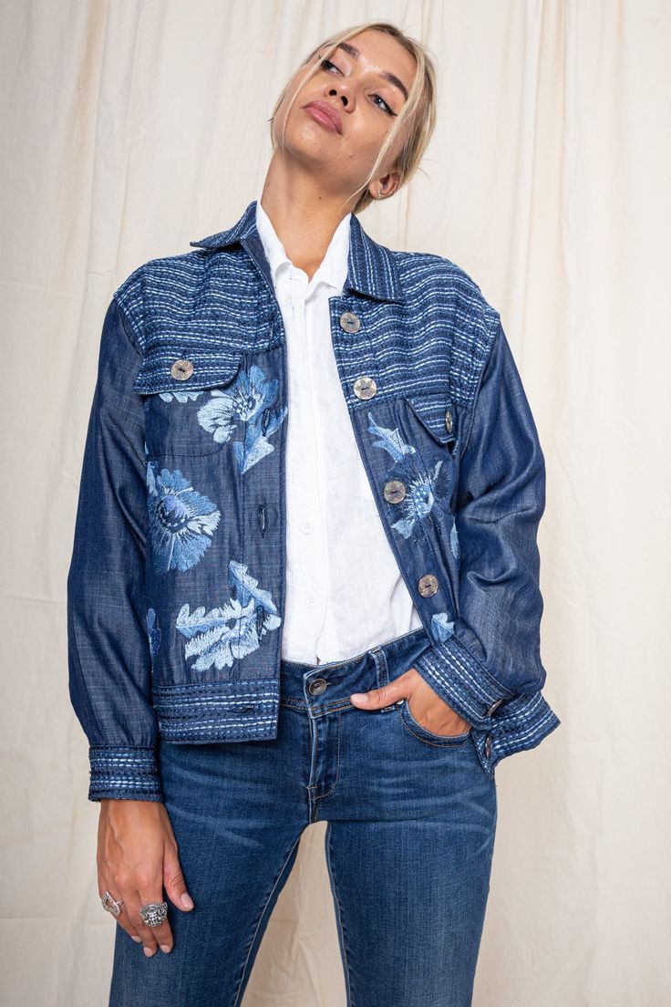 Dare to stand out with this extravagant denim jacket. Made from sustainable Lyocell fabric and hand embroidered by our artisans in Bali. It comes with our acambha custom made buttons. Color: Night sky Details : 100% Lyocell SIZE GUIDE SHIPPING & PAYMENT RETURNS Blue Embroidered Outerwear With Relaxed Fit, Blue Embroidered Relaxed Fit Outerwear, Spring Indigo Denim Jacket With Patch Pockets, Blue Embroidered Button-up Outerwear, Blue Embroidered Button-up Denim Jacket, Embroidered Blue Button-up Denim Jacket, Lyocell Fabric, How To Make Buttons, Oversized Jacket