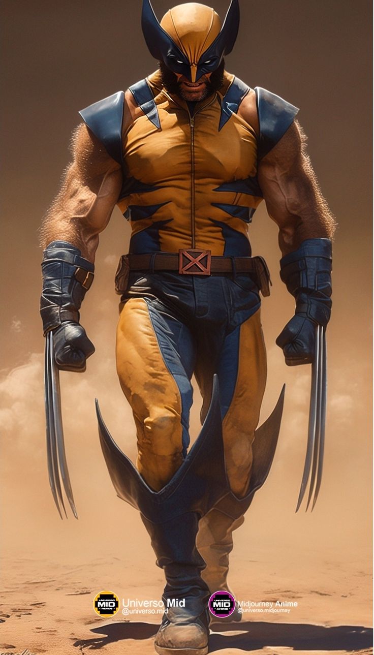 a man in wolverine costume walking through the desert