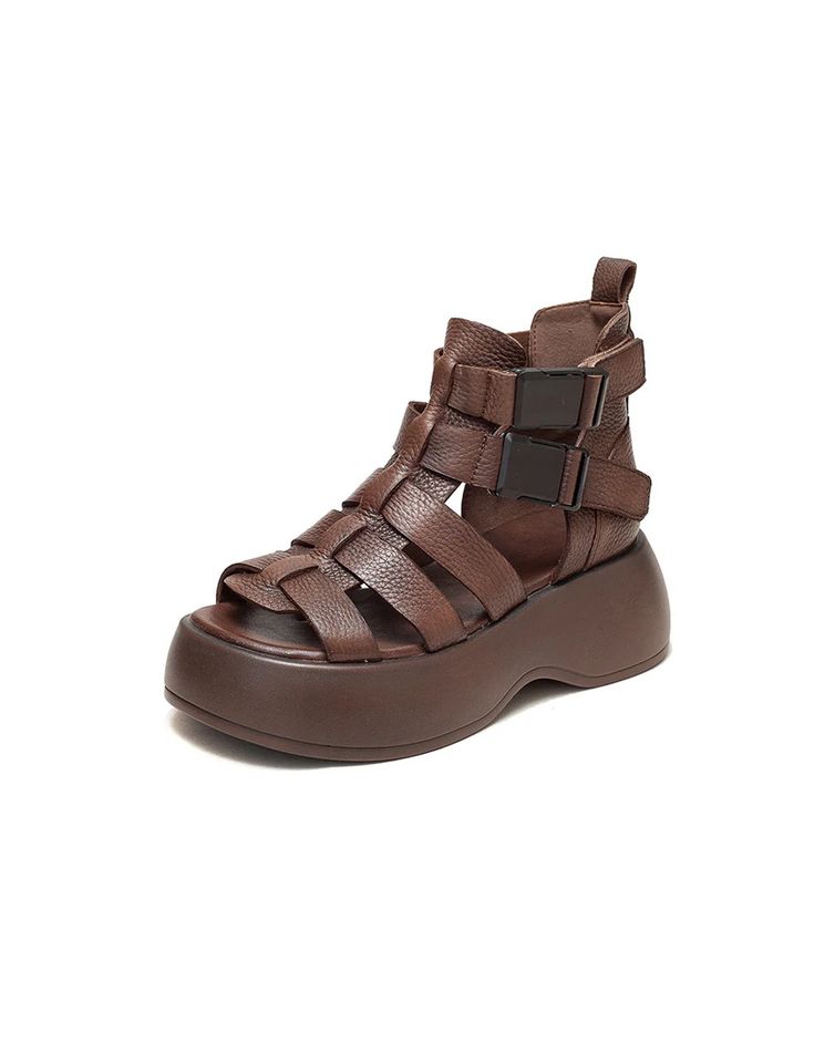 Side Buckle Breathable Platform Strappy Sandals — Obiono Summer Brown Open Toe T-strap Sandals, Brown Round Toe Sandals For Summer, Toe Post Strap Sandals For Summer, Trendy Brown T-strap Sandals For Summer, Summer Toe Post Sandals With Strap, Brown Toe Post Sandals For Summer, Brown Strappy T-strap Sandals For Summer, Brown High Heel T-strap Sandals For Summer, Brown Synthetic Open Toe T-strap Sandals