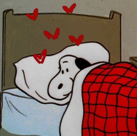 a painting of a dog sleeping in bed with hearts flying around