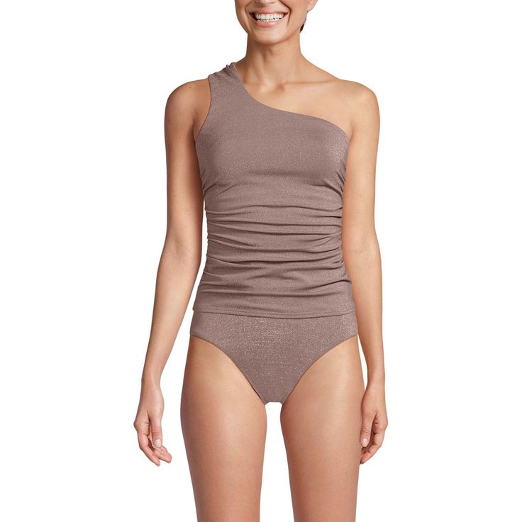 The perfect beach look starts with this stylish one shoulder tankini. Flattering and comfortable thanks to the shirring detail on the bodice, it’ll pair perfectly with your favorite bikini bottoms. And thanks to the eye-catching shine fabric, it is sure to be your favorite swim staple of the season. One-shoulder Stretch Swimwear For Beachwear, One Shoulder Stretch Swimwear For Beachwear, One-shoulder Stretch Solid Swimwear, Fitted One Shoulder Tankini For Beach Season, One-shoulder Stretch Tankini For Beach, One Shoulder Stretch Tankini For Beach, Fitted One-shoulder Tankini For Beach Season, Stretch One Shoulder Tankini For The Beach, Stretch One-shoulder Tankini For The Beach