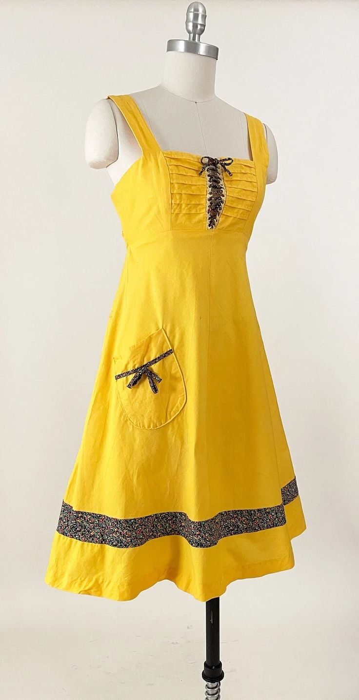 70s Yellow Lace up Prairie Dress Union Made Boho Crochet Corset Belted Prairie Dress XS - Etsy Spring Prairie Style Cotton Dress, Cotton Prairie Dresses, Retro Prairie Dress For Daywear, Retro Prairie Dress For Garden Party, Yellow Retro Vintage Dress For Garden Party, Yellow Vintage Fashion Dress, Retro Cotton Prairie Dress With Lace Trim, Vintage Patchwork Dresses For Daywear, Vintage Cotton Dress With Yoke Detail