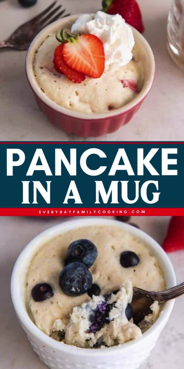 This contains: Let's learn how to make the best pancake recipe! With this easy pancake in a mug recipe, you can have a single-serving pancake breakfast ready in minutes! Don't miss this easy breakfast food, just add your toppings and enjoy!