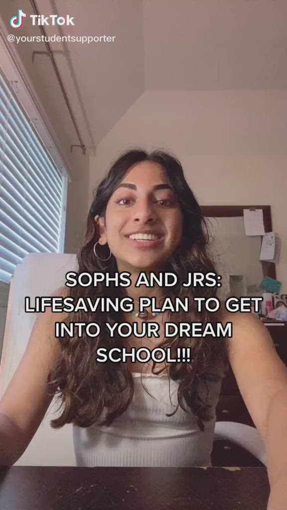 This may contain: a woman sitting in front of a window with the caption saying sops and jrs lifesaving plan to get into your dream school