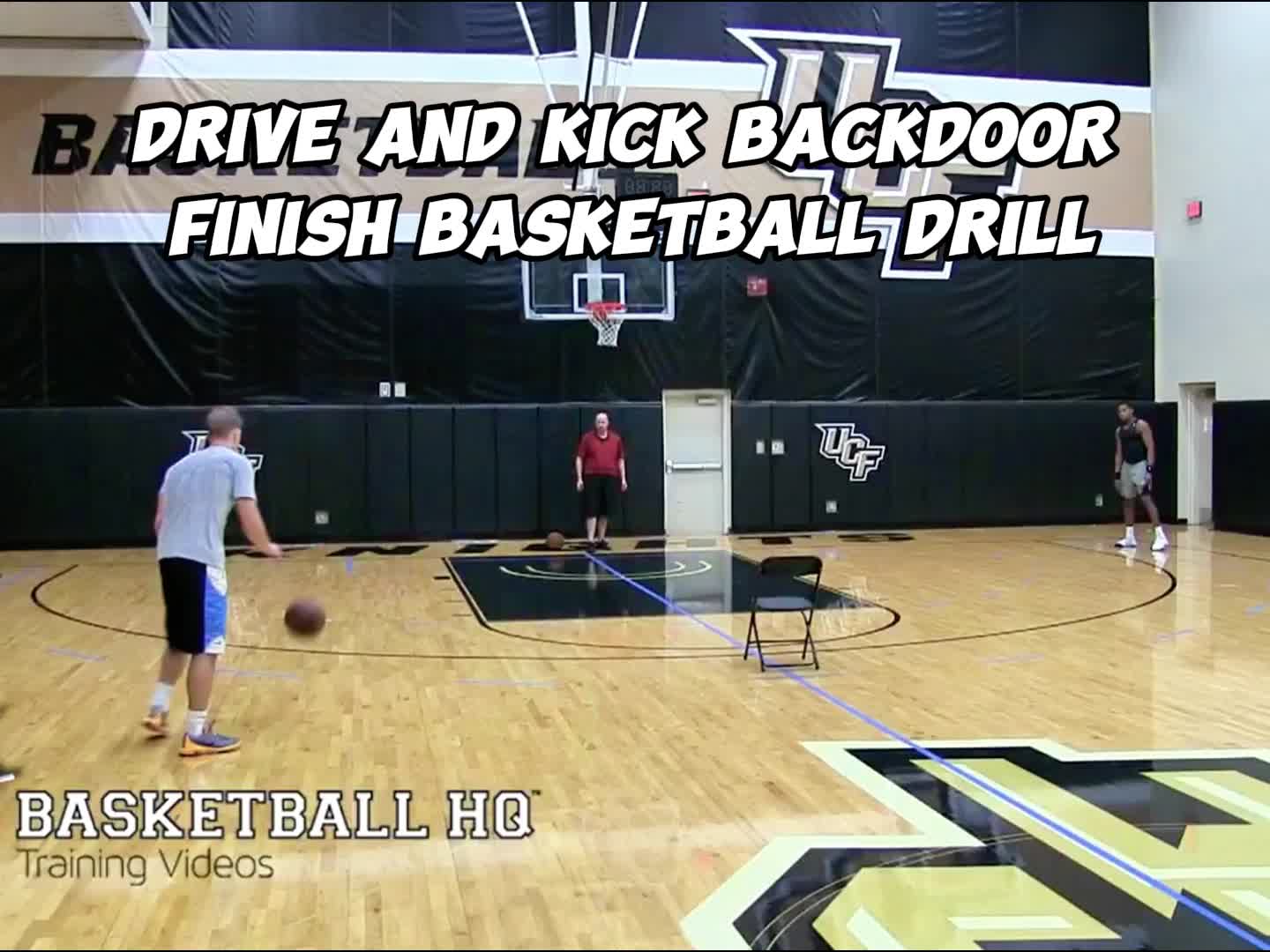 This may contain: an indoor basketball court with the words drive and kick backdoor finish basket ball drill