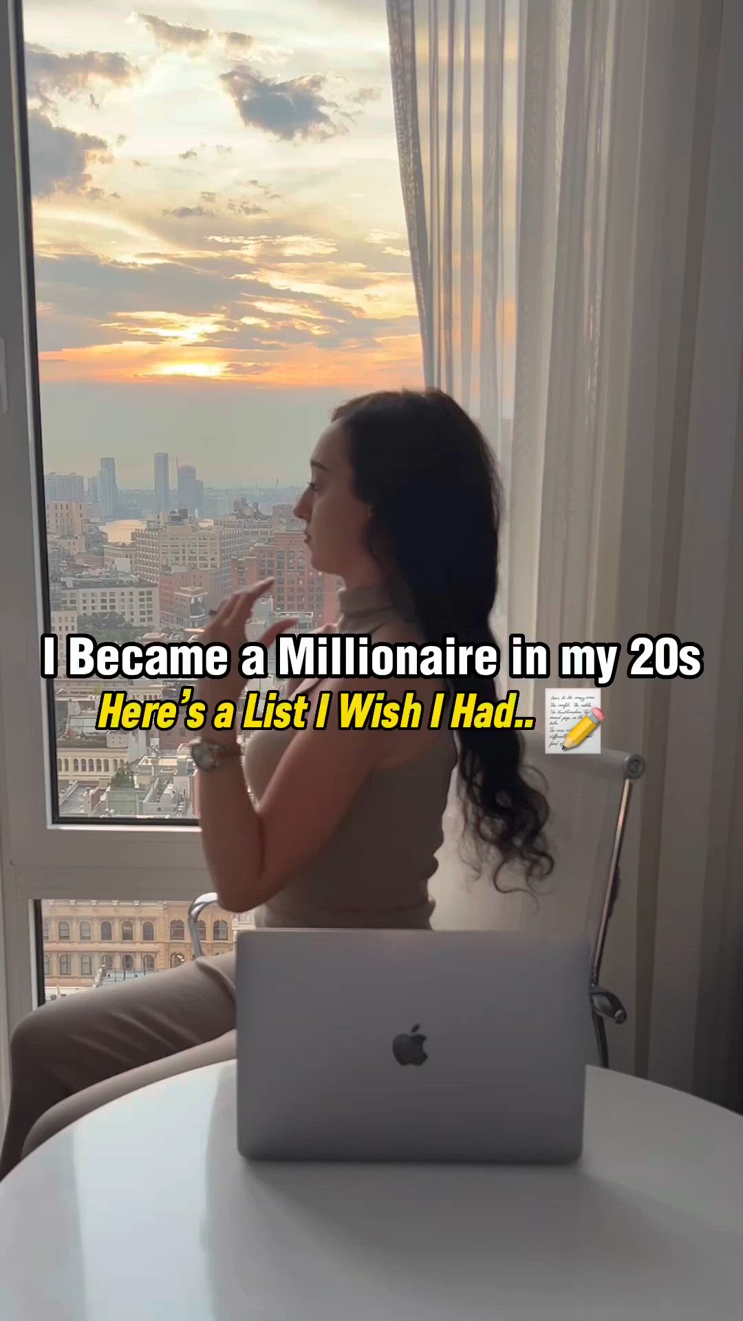 This may contain: a woman sitting at a table in front of a laptop computer with the caption, i become a millionaire in my 20s here is a list wish i wish i had