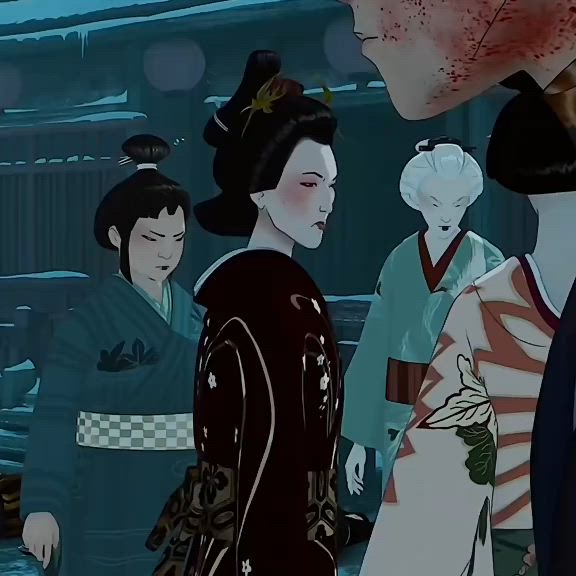 This may contain: two women in geisha garb standing next to each other and looking at one another