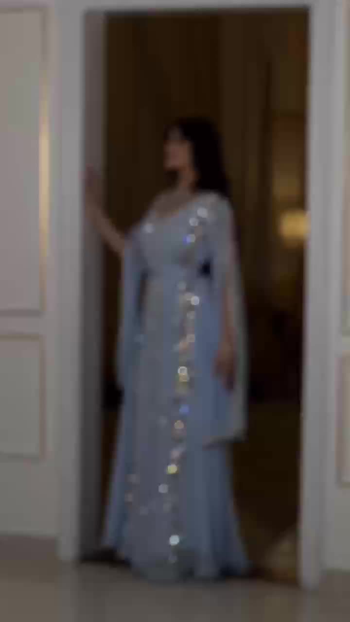 This contains an image of: Dreamy Vow Luxury Dubai Moroccan Kaftan Blue Evening Dresses for Women Wedding Party Elegant Long Sleeve Muslim Arabic Formal Dress SS404