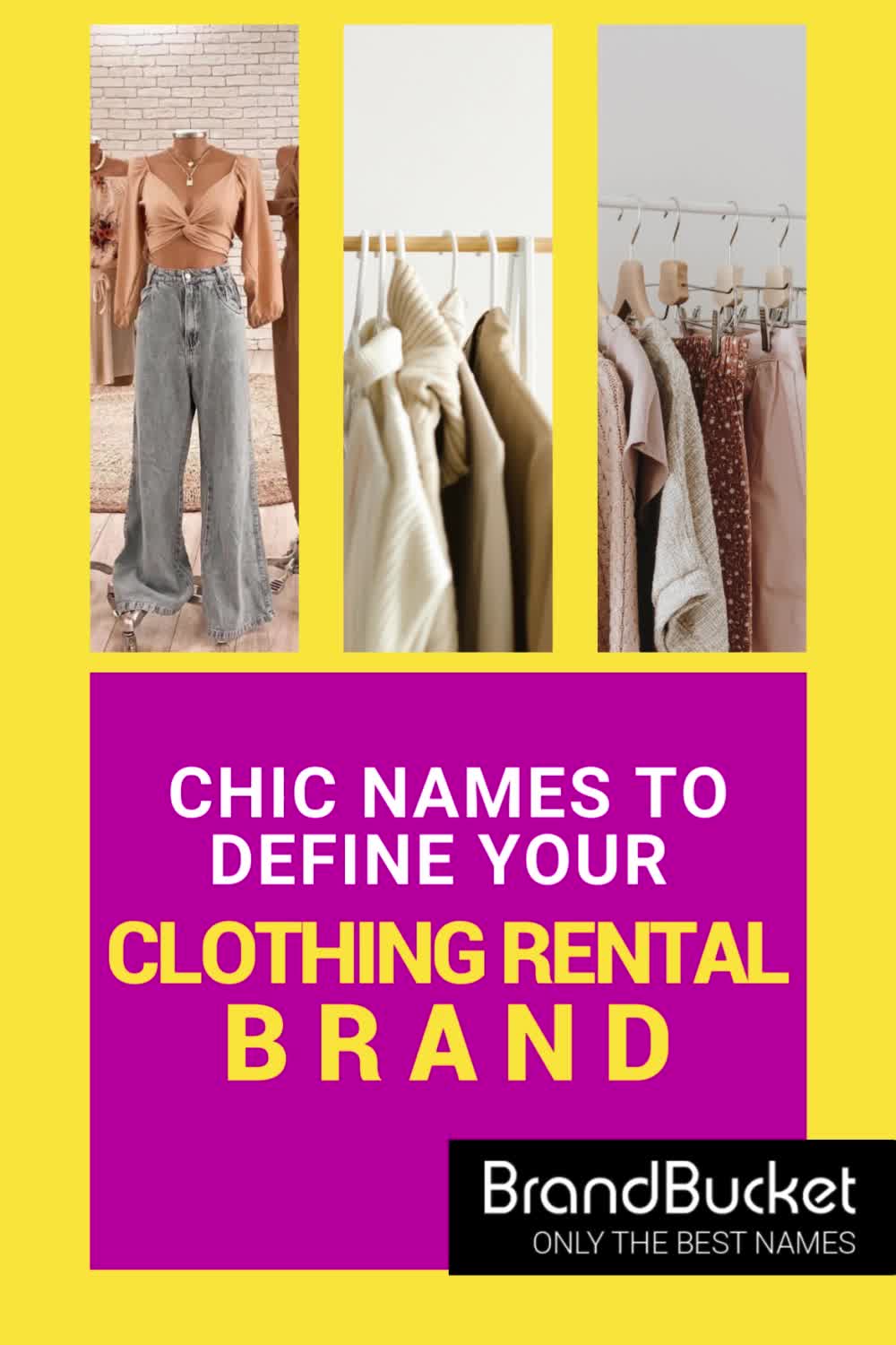 This may contain: clothes on racks with the words chic names to define your clothing rental brand