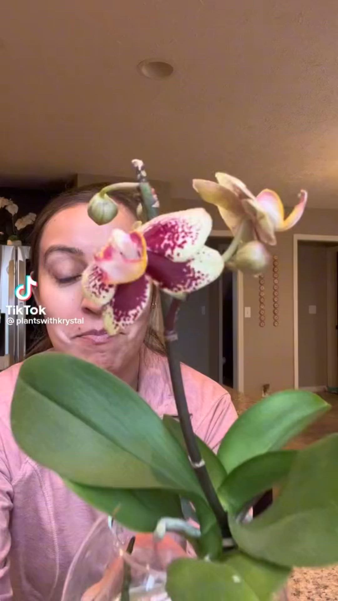 This may contain: a woman with her eyes closed is looking at a flower in a vase on the table