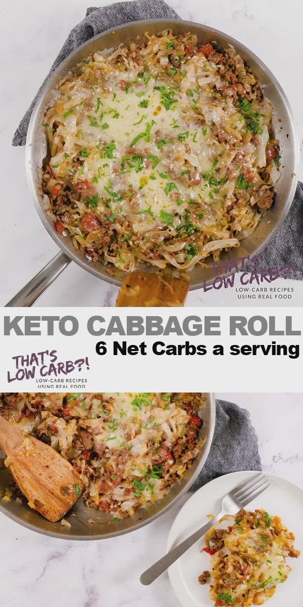 This may contain: keto cabbage roll 6 net carbs a serving size in a skillet on a marble counter top