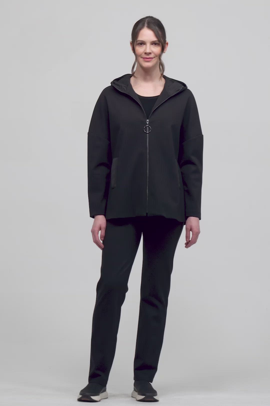 Brand: Joseph Ribkoff Style: 213005 Color: Black Desctiption: full zipper, solid black, 2 side pockets, hoodie