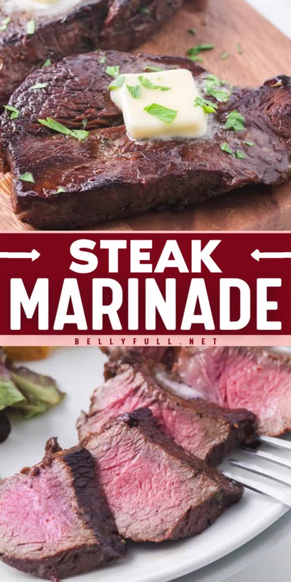 This contains: Make your steak juicy and tender with this Steak Marinade recipe. With just a few ingredients and seasonings, it’s perfect for main dishes for dinner. Elevate your steak game with this simple yet effective marinade!