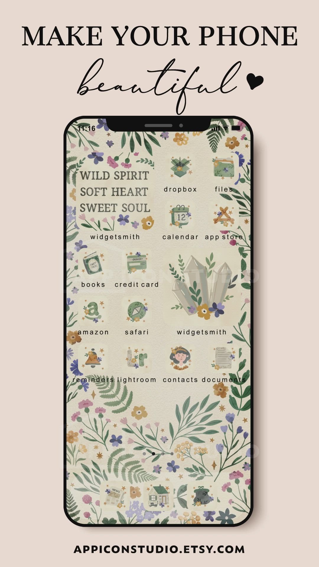 This may contain: an iphone case with the words make your phone beautiful on it and flowers in front