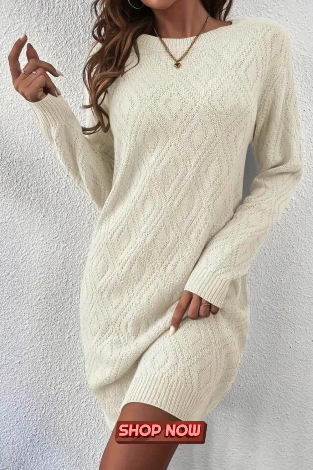 Solid Long Sleeve Textured Dress, Casual Crew Neck Knit Dress