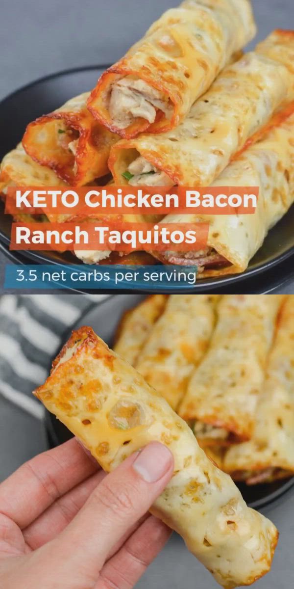 This may contain: keto chicken bacon ranch taquitass in a black bowl with text overlay