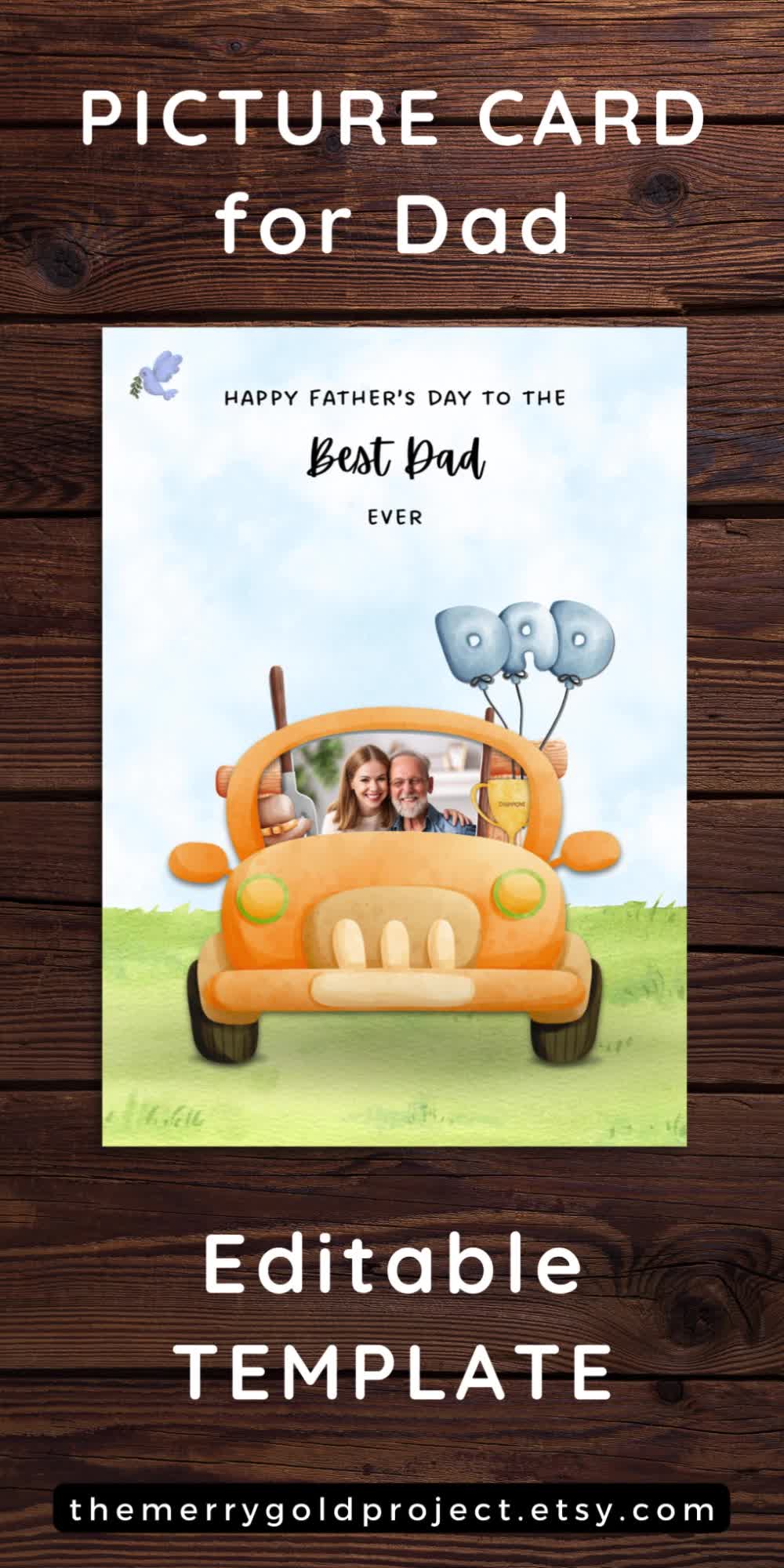 This may contain: a father's day card with an orange car