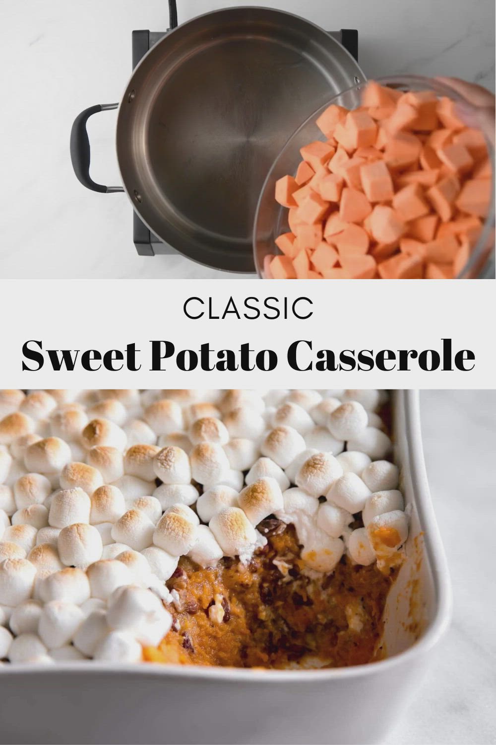 This may contain: sweet potato casserole with marshmallows in it and the recipe below