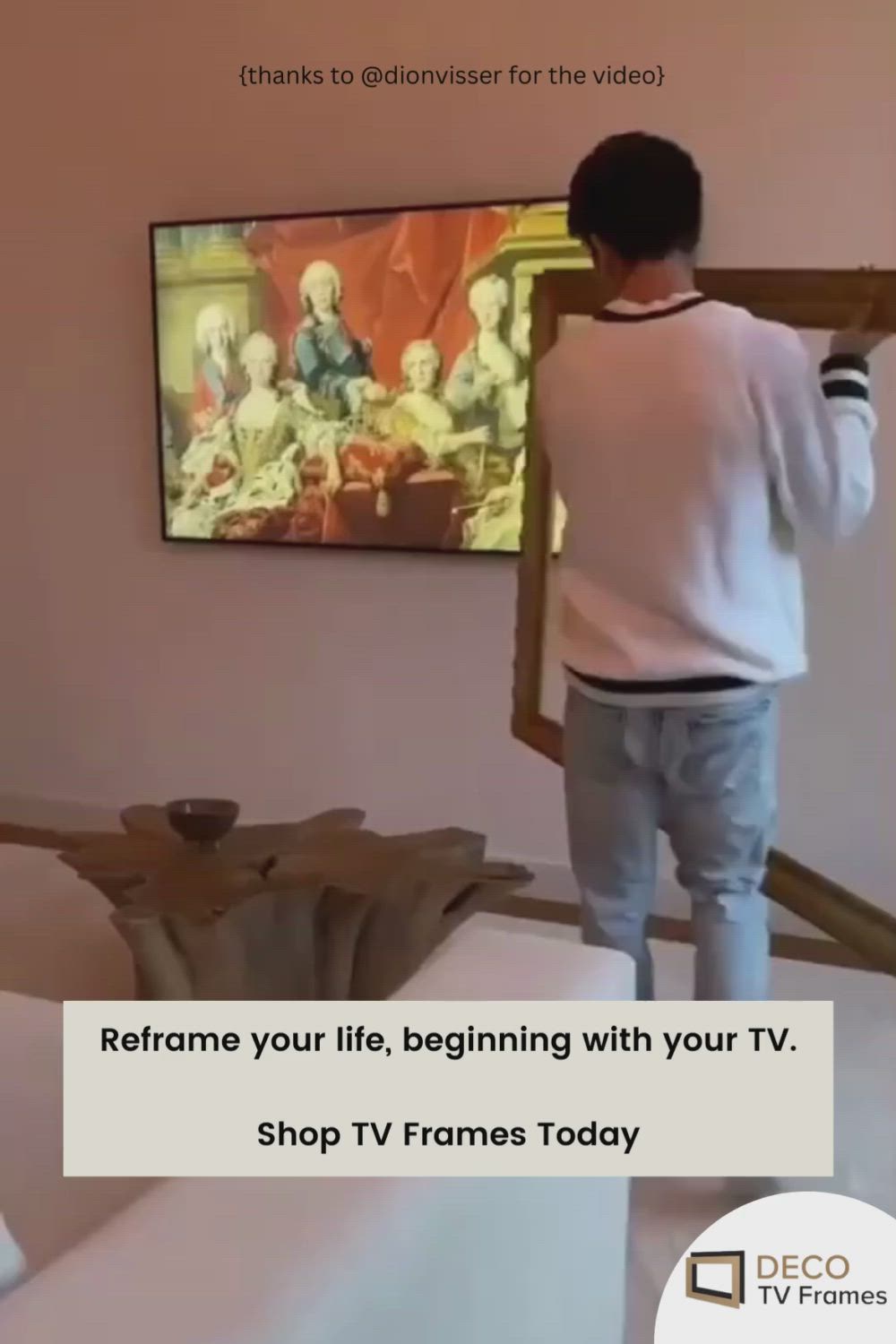 This may contain: a man standing in front of a tv with the caption reframe your life, beginning with your tv shop tv frames today