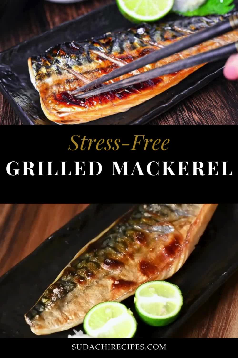 This may contain: grilled mackerel on a black plate with limes and chopsticks