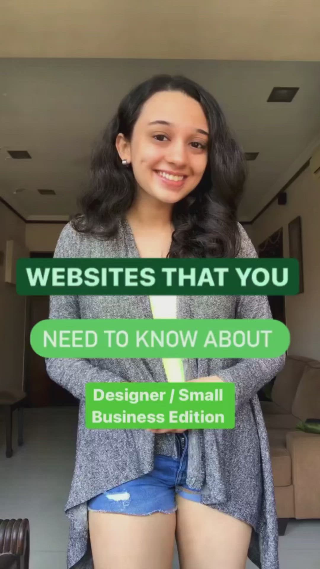 This may contain: a woman standing with her arms crossed in front of the camera and text that reads, web sites that you need to know about designer / small business edition