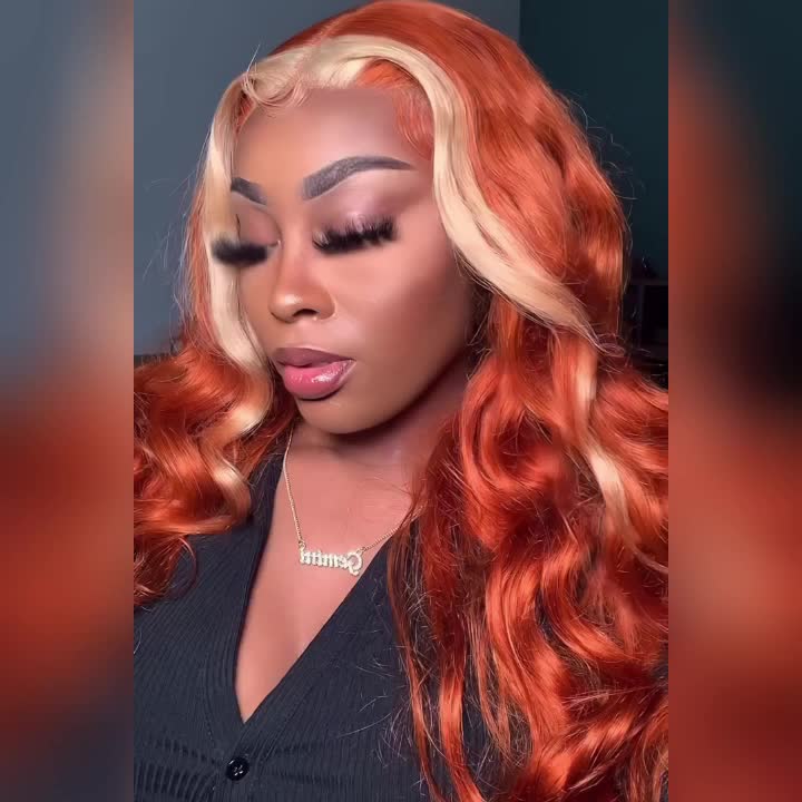 Experience a bold, trendy look with ALLOVE HAIR Ginger Orange Blonde Ombre Color Body Wave Wig. Made with 100% human hair, this 13x4 HD Lace Front Wig features a unique skunk stripe that adds a touch of edginess. Get ready to stand out with this striking and natural-looking wig. Shop now!