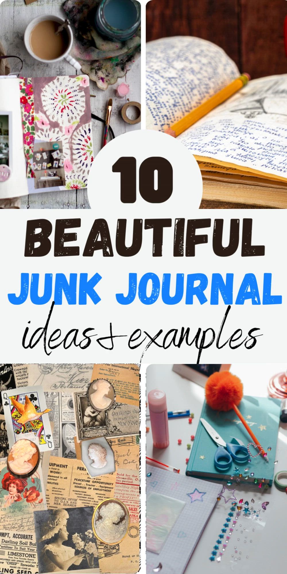 This contains: Embark on a creative adventure with the art of junk journaling. We've compiled 10 unique ideas to inspire your junk journal creations, from cover designs to page layouts.