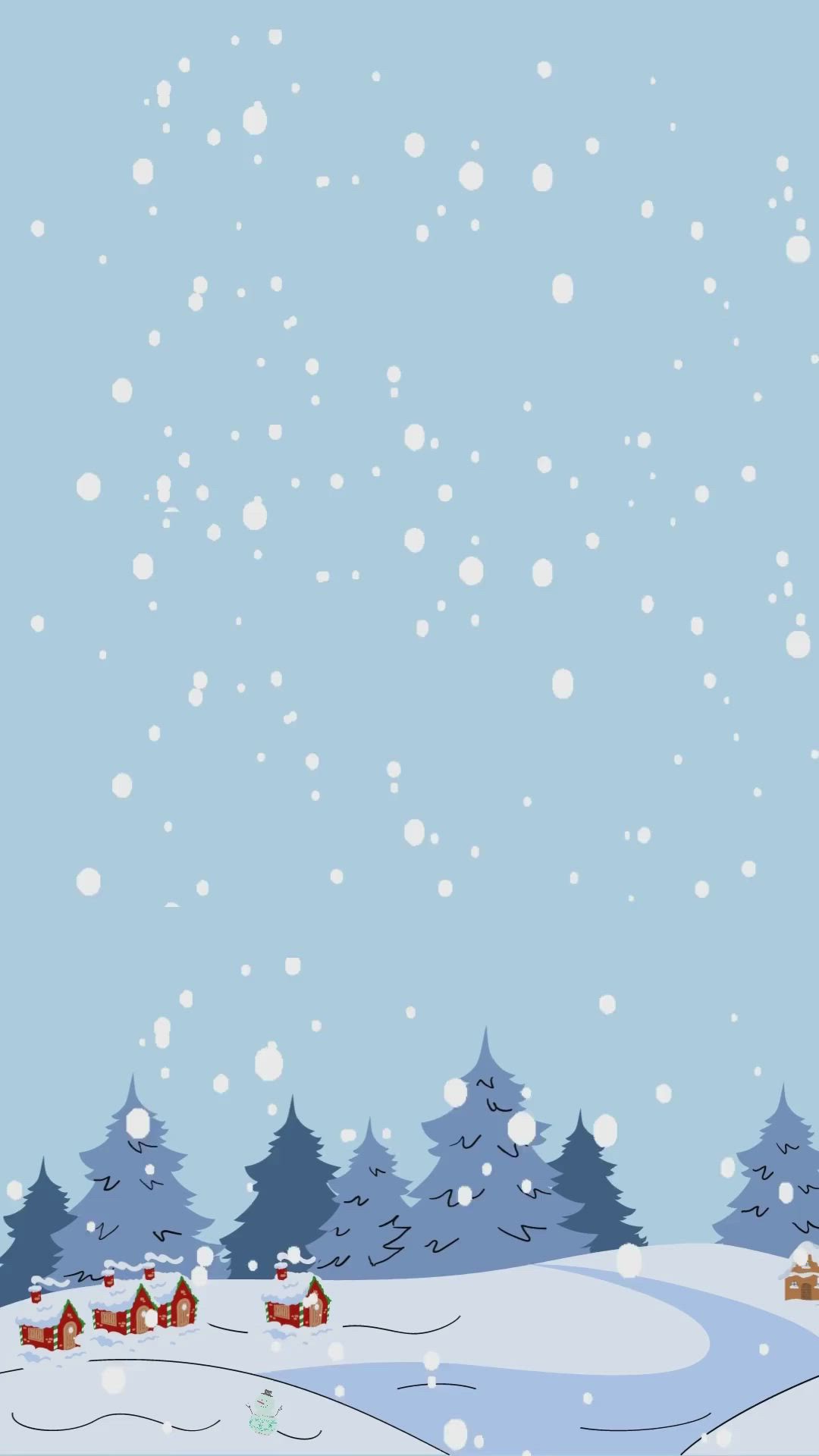 This may contain: a snowy landscape with trees and houses in the snow, on a blue sky background