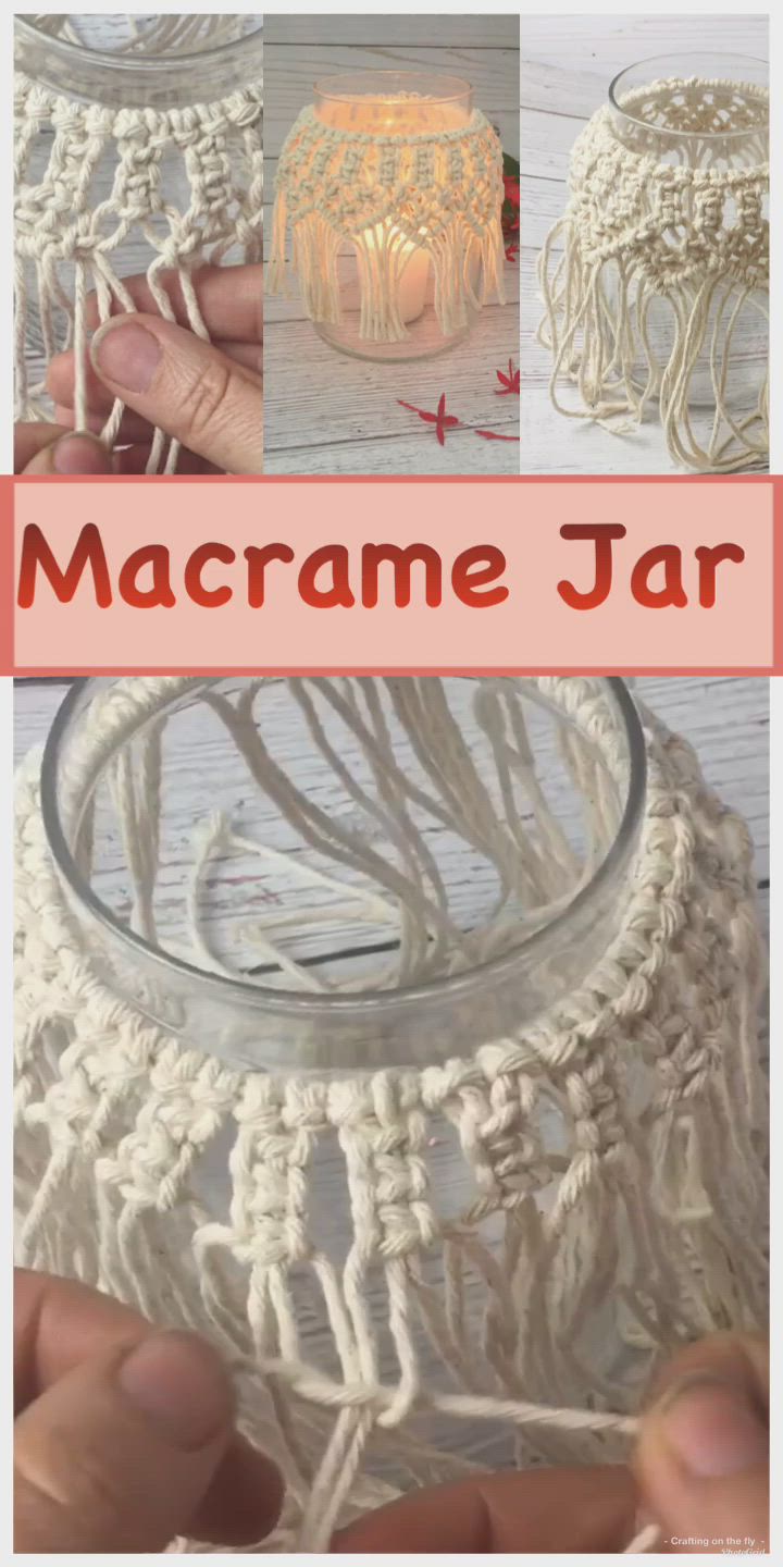 This may contain: crocheted macrame jar is shown with the words macrame jar below it