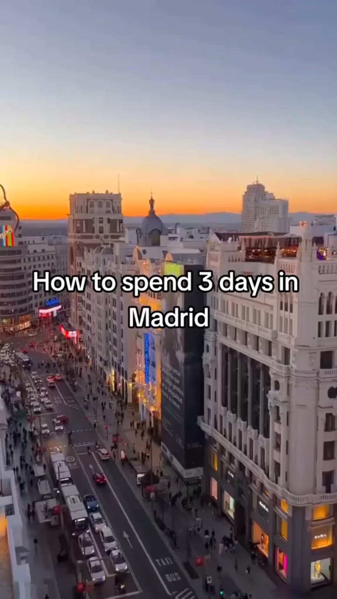 This may contain: an aerial view of madrid with the words how to spend 3 days in madrid