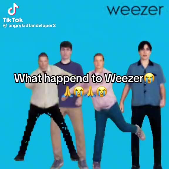 This may contain: three people standing in front of a blue background with the words what happened to weezer?