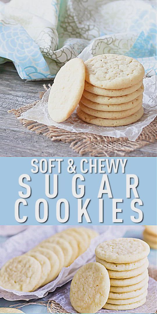 This may contain: soft and chewy sugar cookies in front of an electric mixer with the words, soft & chewy sugar cookies