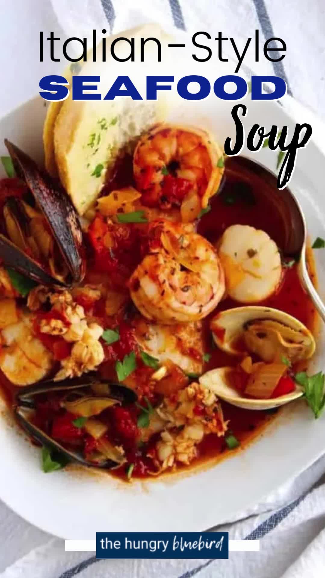 This may contain: the cover of italian - style seafood soup with shrimp, clams and mussels