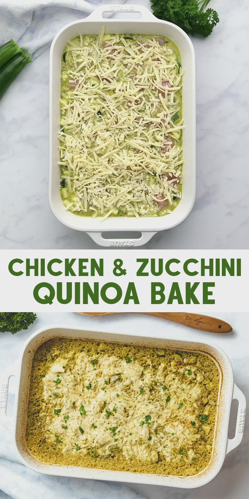 This may contain: chicken and zucchini quinoa bake in a casserole dish