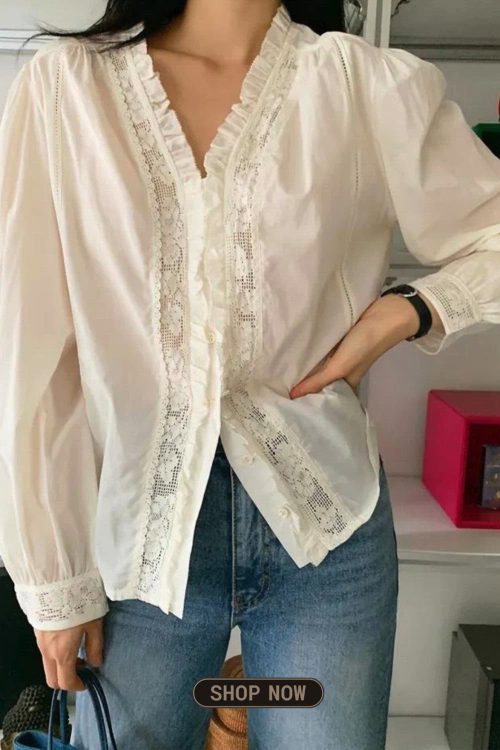 Solid Lace Splicing V-neck Blouse, Elegant Long Sleeve Blouse For Spring & Fall,