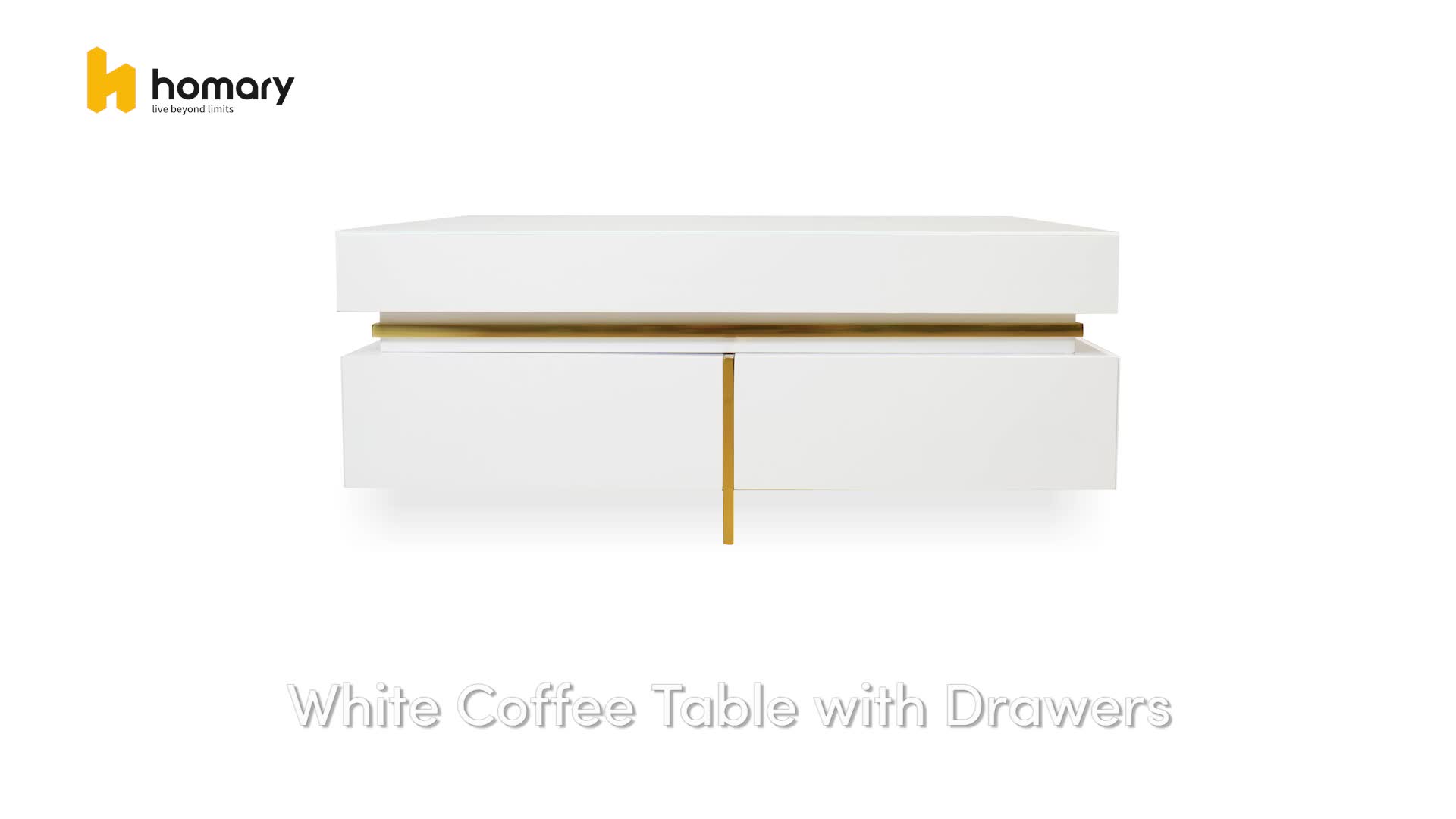 This may contain: a white coffee table with drawers and gold trimmings on the bottom, in front of a white background