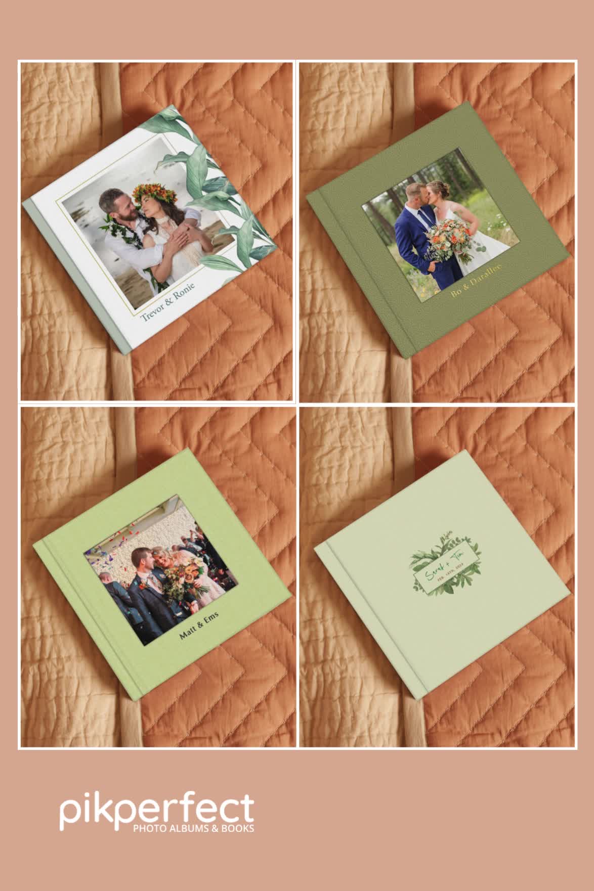 This contains: High-quality wedding photo books featuring memorable couples and customizable cover options by PikPerfect