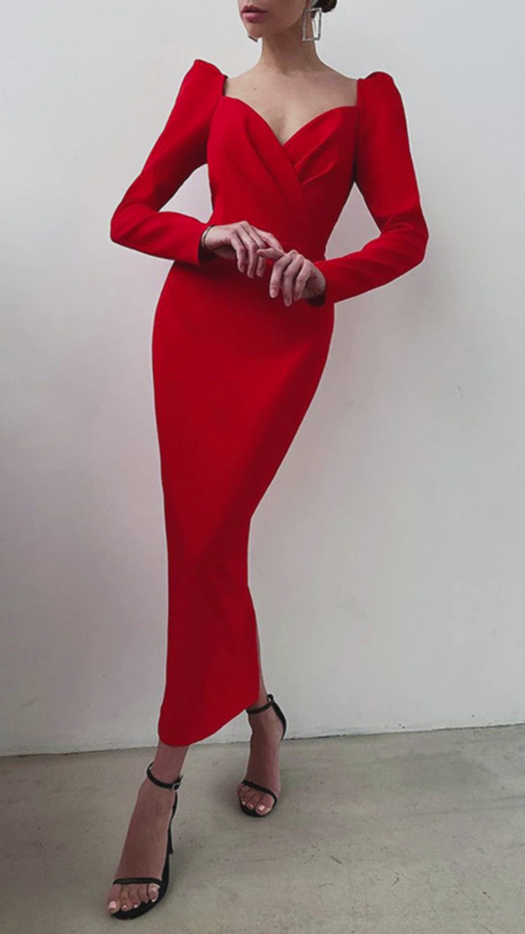 This contains: This elegant party dress features a slim v neck, long sleeve and midi style. You can wear it on the weekend or any day at work. The pencil dress is nude in color with a solid red Puff Sleeve Fall that makes this piece truly stand out.