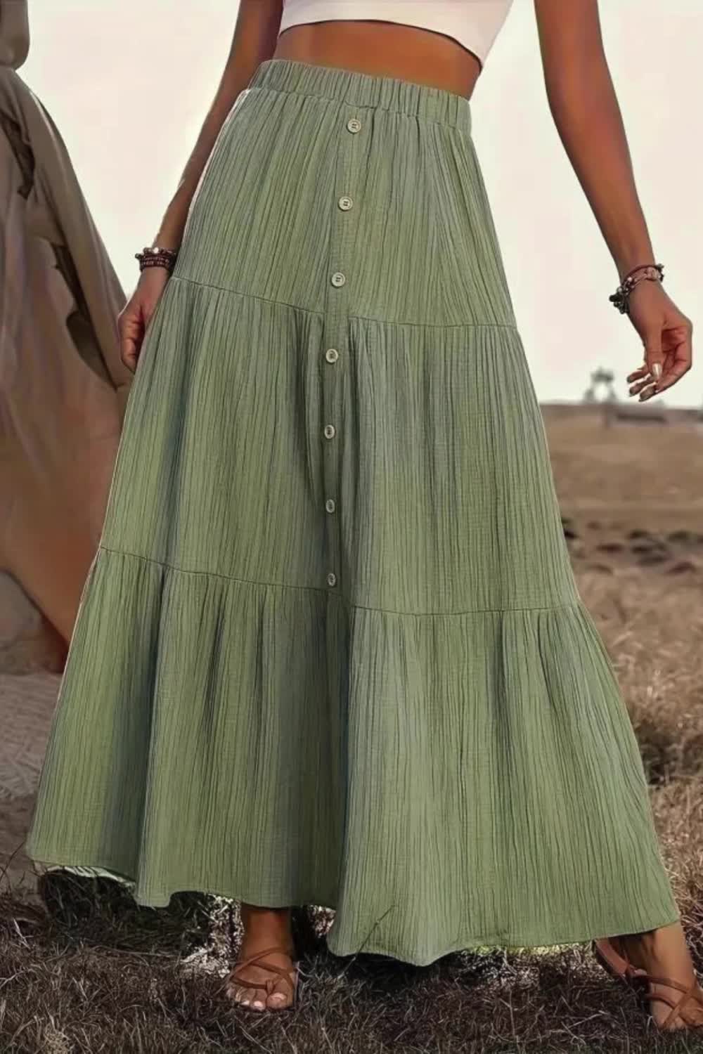 Button Decor Elastic Waist Skirt, Casual A-line Tiered Skirt For Spring & Summer