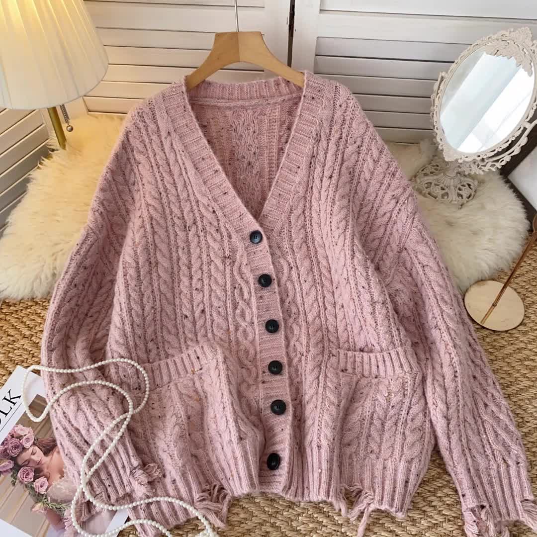 This contains an image of: Lazy style sweater coat women autumn all-match cable knitted cardigan YM1584