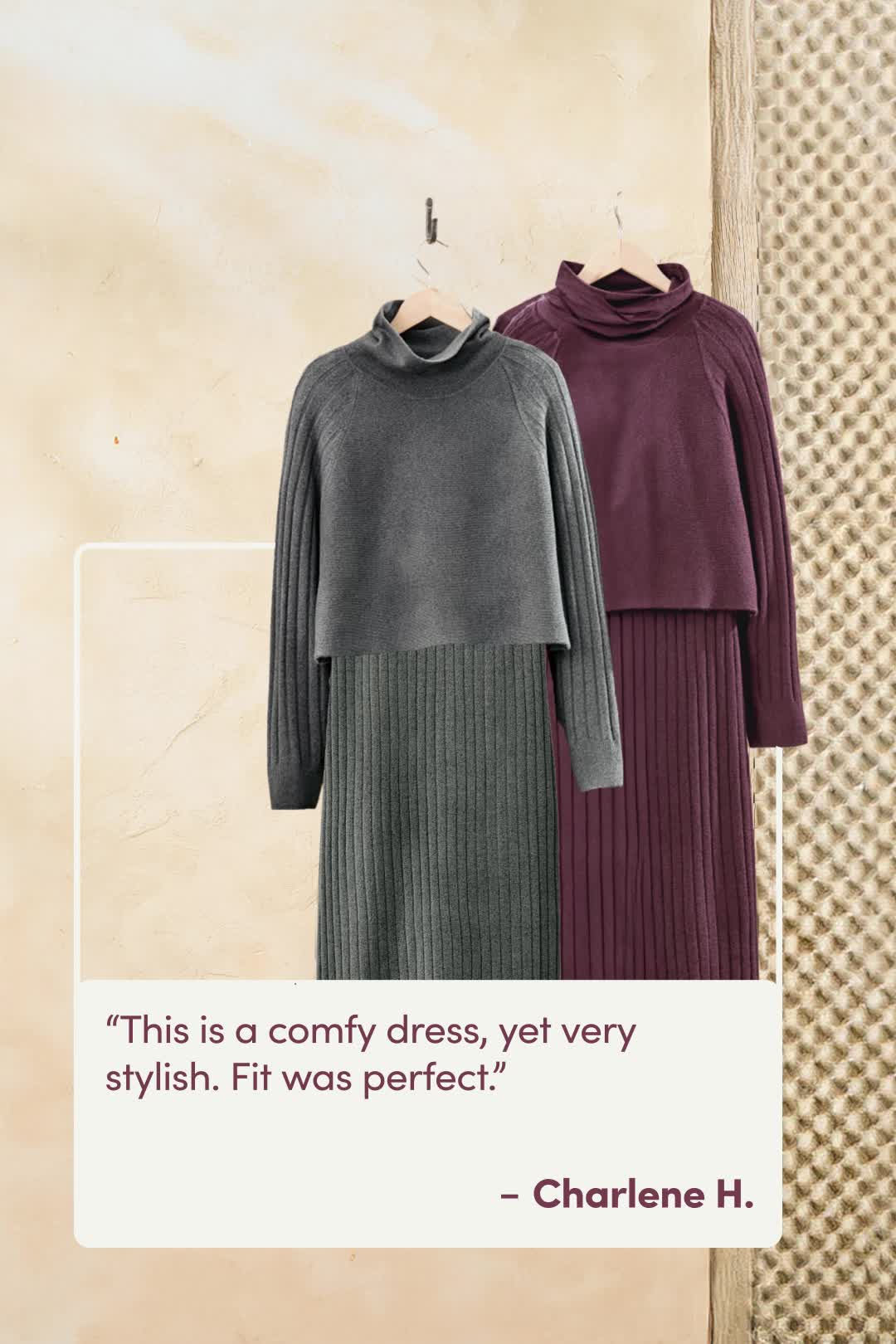 A classic scoopneck tank dress with a cropped pullover sweater for layered styling.