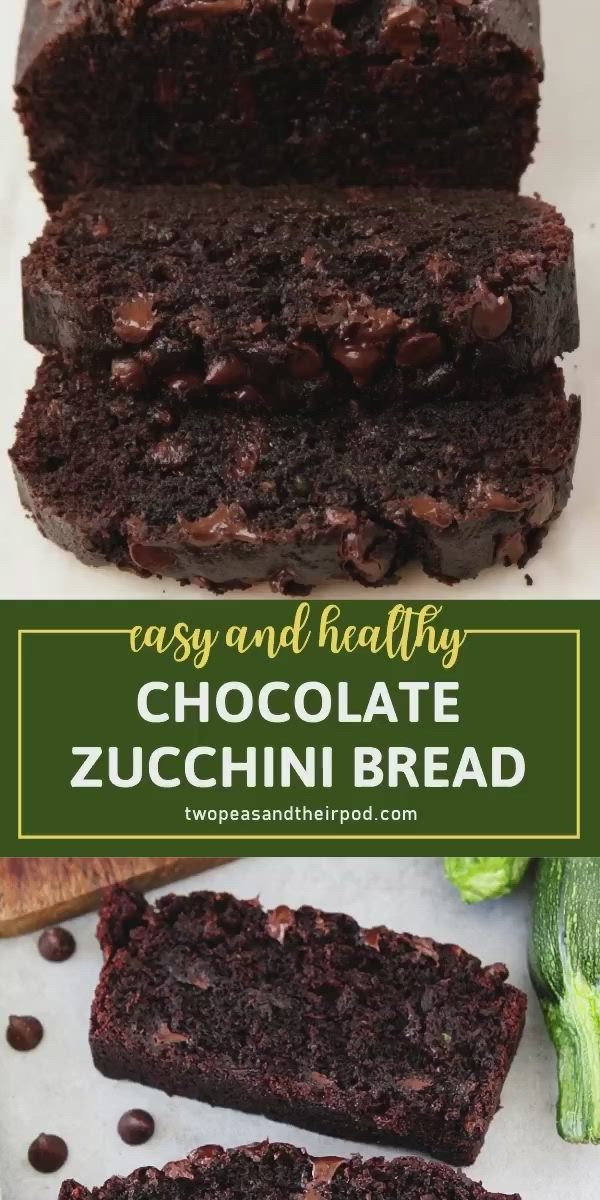 This may contain: chocolate zucchini bread is cut in half and stacked on top of each other